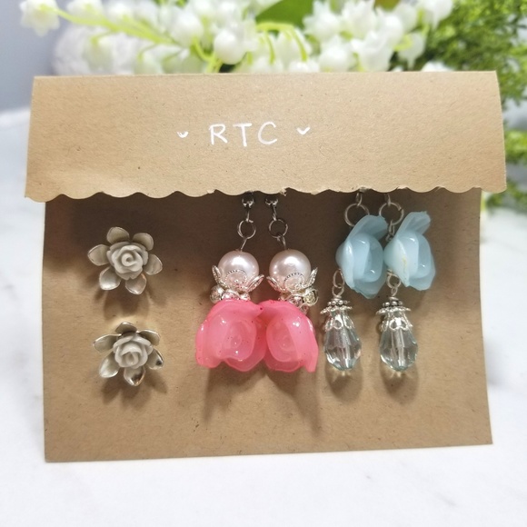 Handmade Cute Rose Dangle & Studs Earring Set - Picture 2 of 2